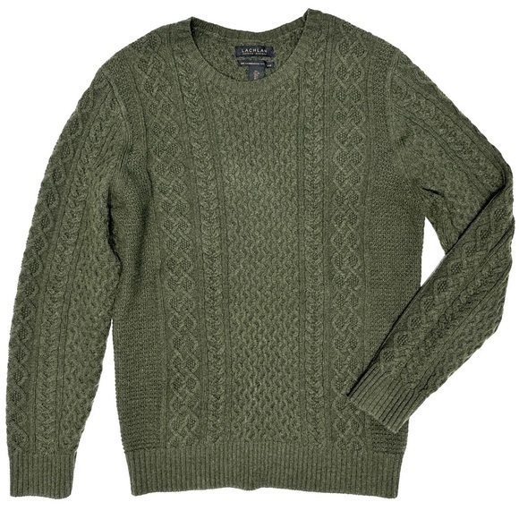 Lachlan British Men’s Lambswool Blend Fisherman Cable Knit Sweater Green Large - Picture 1 of 5